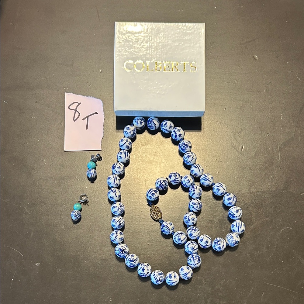 Blue and White Beaded Necklace Set